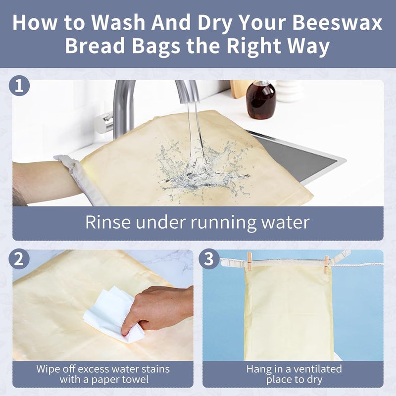 Saicefe 2 Pack Reusable Beeswax Bread Bags for Sourdough & Homemade Bread, Cotton Waxed Bags Keeps Fresh Longer XL Food Storage Bags with Beeswax Lining, Freezer Safe, Baking Supplies for Sourdough - Image 3